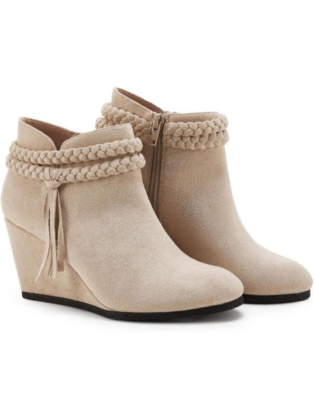 Women's Beige Wedge Ankle Boots Braided Fringe Strap Western Heeled Booties